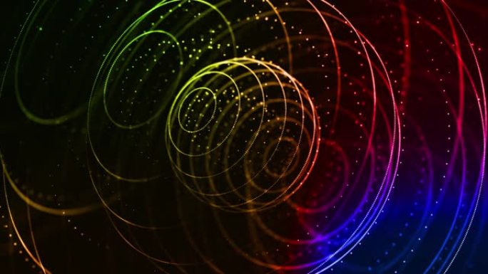 4k循环科幻背景，带有bokeh和灯光效果。辉光渐变颜色粒子形成线条，表面，球形结构作为虚拟空间或H