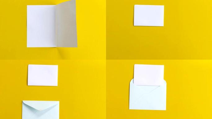 4k停止运动白纸折叠并进入黄色背景上的信封，交流镜头视频概念。