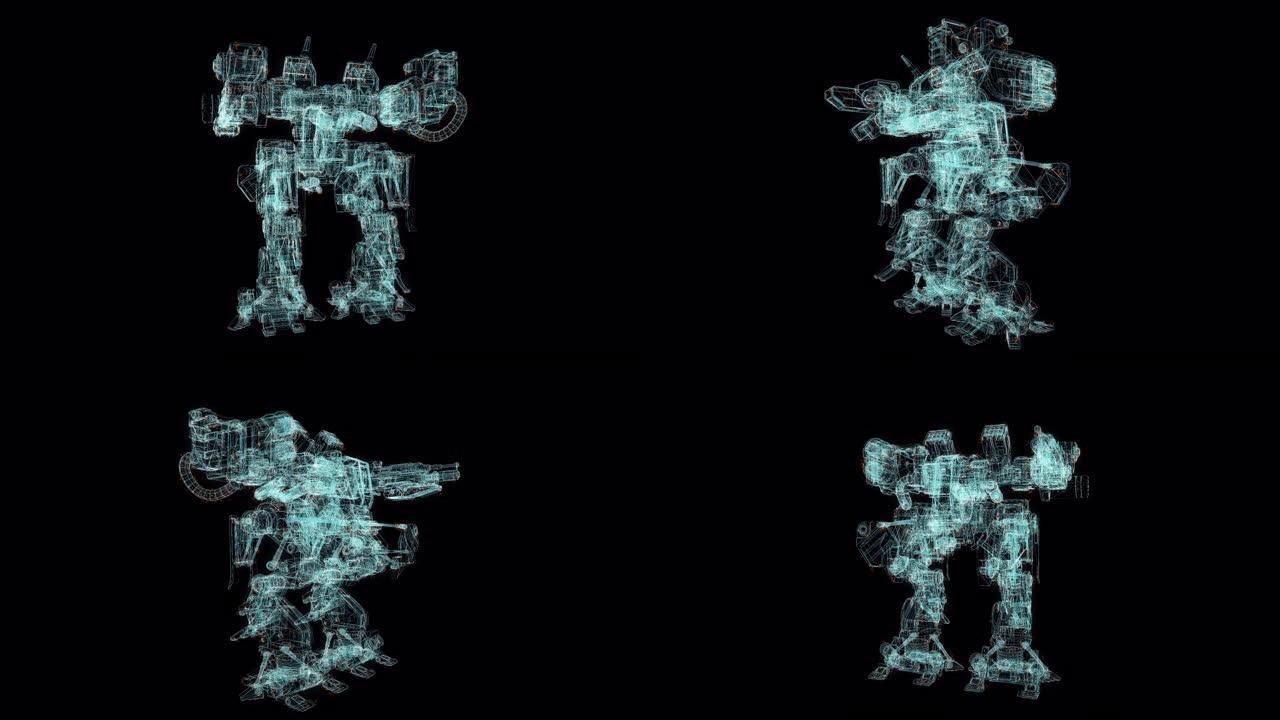 士兵机器人全息图线框。黑色背景上的漂亮3D动画，未来项目的无缝循环