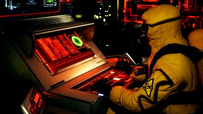 一位穿着细菌防护服的科学家正在计算机上工作。一个穿着黄色防护服和防毒面具的男人。循环3D动画。