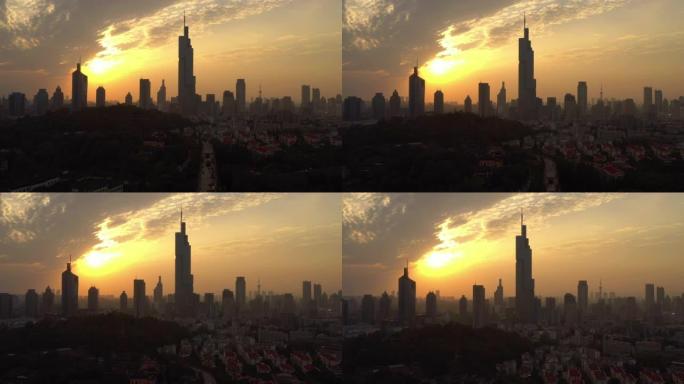 日落天空南京著名的市中心城市景观拥挤的墙壁顶部空中全景4k中国
