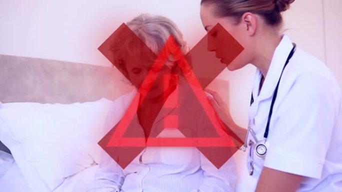 红十字会和红三角在医生的背景下与一名高级患者交谈。新型冠状病毒肺炎传播
