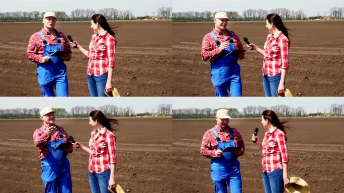 记者采访农民有关现代农业种植的电视新闻报道。新耕农田背景