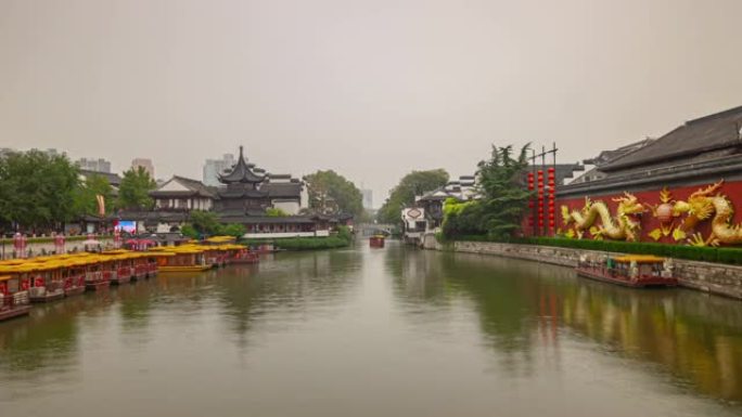 南京城市著名的旅游古城河流轮渡交通码头延时全景4k中国