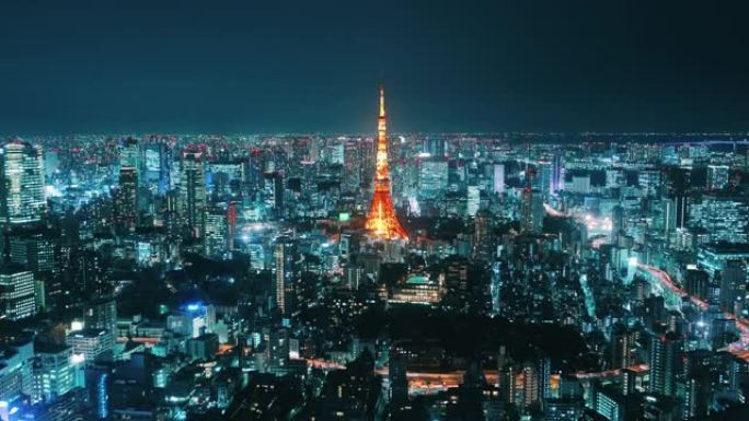 东京铁塔，东京夜间摩天大楼中的