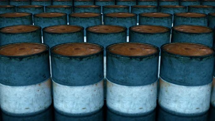 石油危机供过于求的一个抽象概念，数百个生锈的旧油桶一排排地堆放在眼睛里