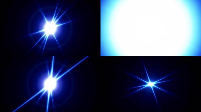 中心闪烁的星星蓝光光学镜头耀斑闪亮的动画，具有爆裂的光爆炸效果。旋转照明灯射线动态耀斑视频，带有爆炸