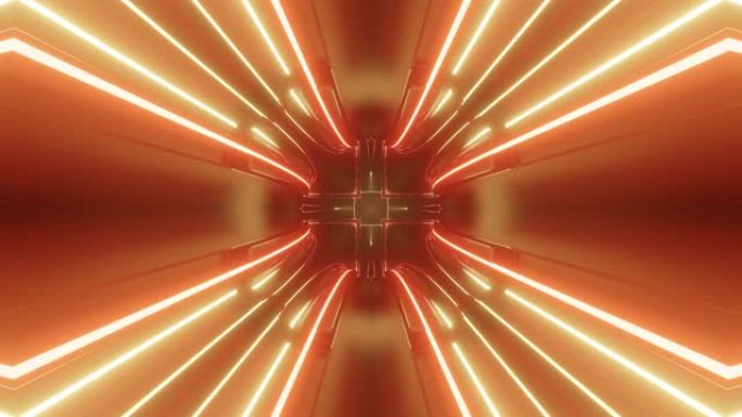 带有红色橙色霓虹灯的科幻隧道变压器。4k环形抽象高科技隧道。摄像机飞过不断变化的隧道。赛博朋克或高科