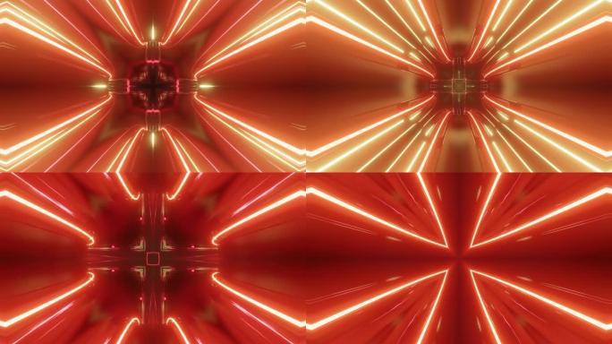 带有红色橙色霓虹灯的科幻隧道变压器。4k环形抽象高科技隧道。摄像机飞过不断变化的隧道。赛博朋克或高科