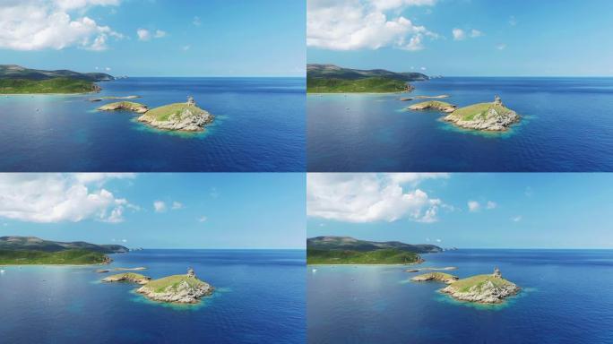 在美丽的夏日蓝天下，法国科西嘉岛菲诺基亚罗拉群岛的全景。