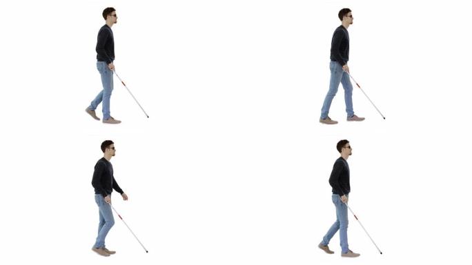 拐杖在白色背景上行走的盲人年轻人