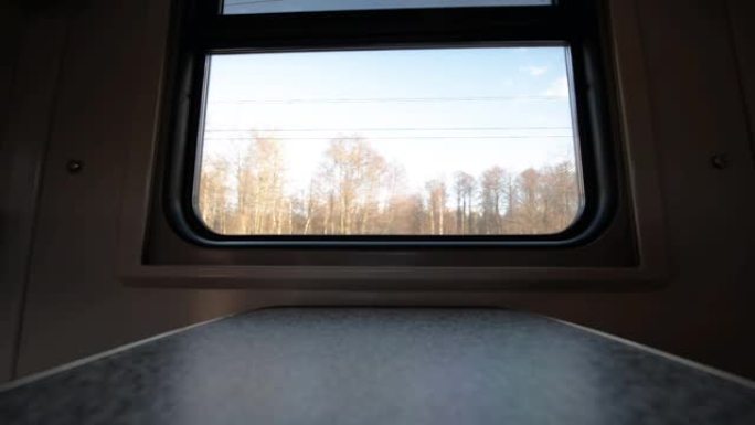 行驶中的旅客列车的窗户视图。