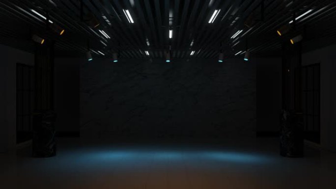 在黑暗的房间里聚焦灯光，3d渲染。