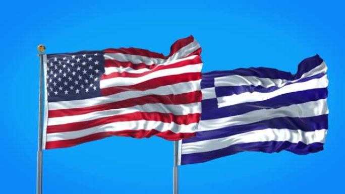 希腊和美国的国旗一起在深蓝色的天空中飘扬。高清3D渲染。