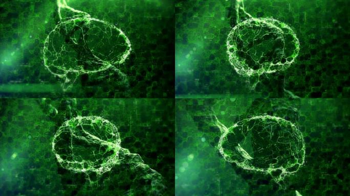 黑色背景上由绿色连接组成的DNA菌株和人脑的动画