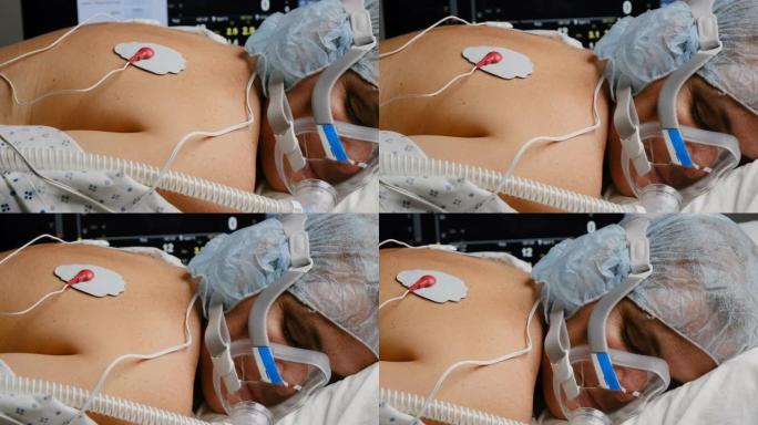 高加索成熟女人与躺在肚子上的呼吸机相连