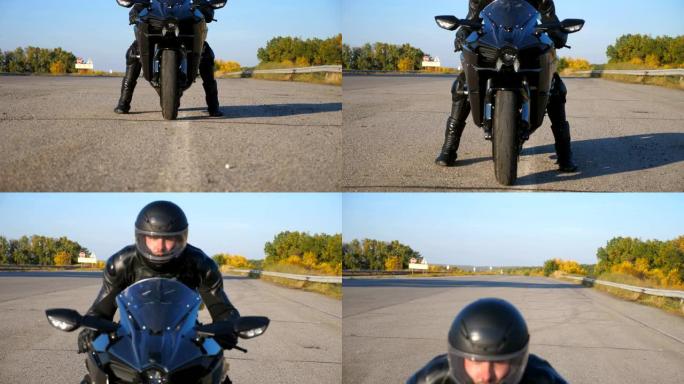 戴着头盔和皮夹克的年轻骑自行车的人正坐在高速公路上的摩托车上，准备骑车。男人要骑运动摩托车。自由和冒