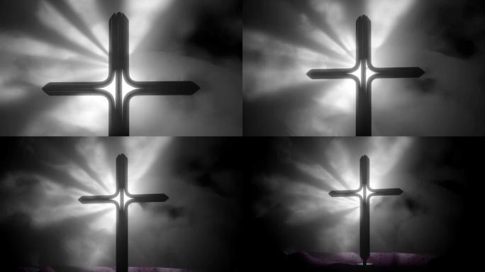 背光基督教十字架与烟熏背景3d