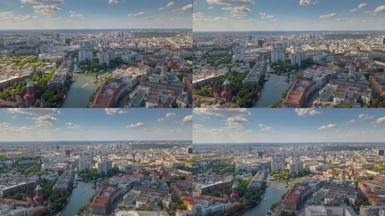 布拉格城市景观现代区河边空中全景4k延时捷克晴天飞行