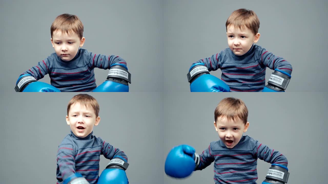 穿着拳击手手套的四岁小男孩的视频