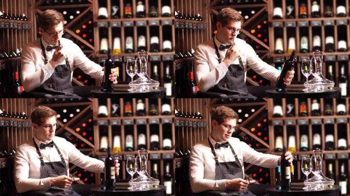 优雅的年轻侍酒师，领结在葡萄酒精品店开瓶酒