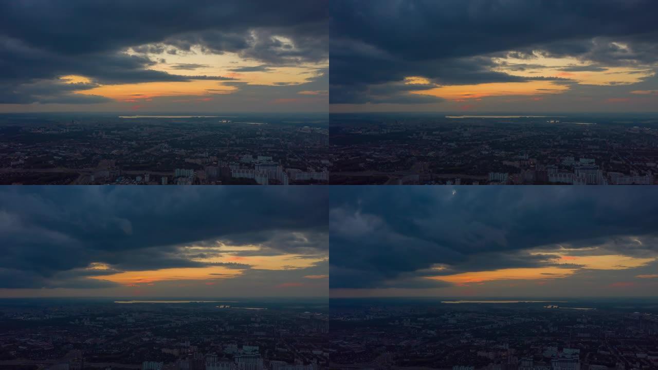 日落天空明斯克城市景观空中全景4k延时白俄罗斯