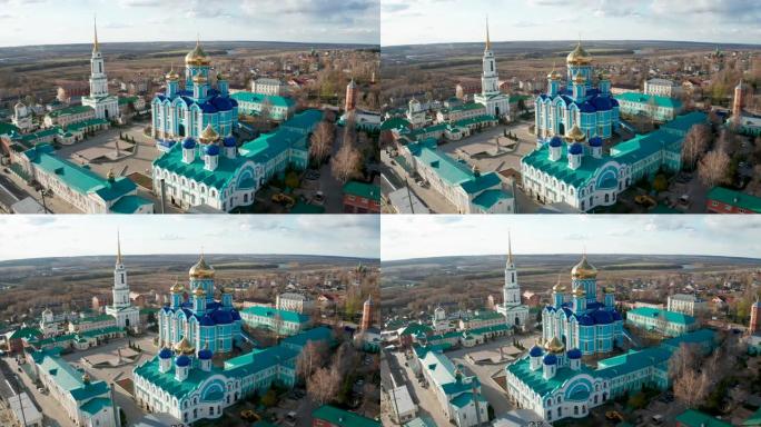 神之母修道院的Zadonsk耶稣诞生的弗拉基米尔大教堂，鸟瞰的航拍视频