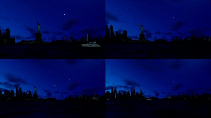 自由女神像和纽约曼哈顿，映衬着星空