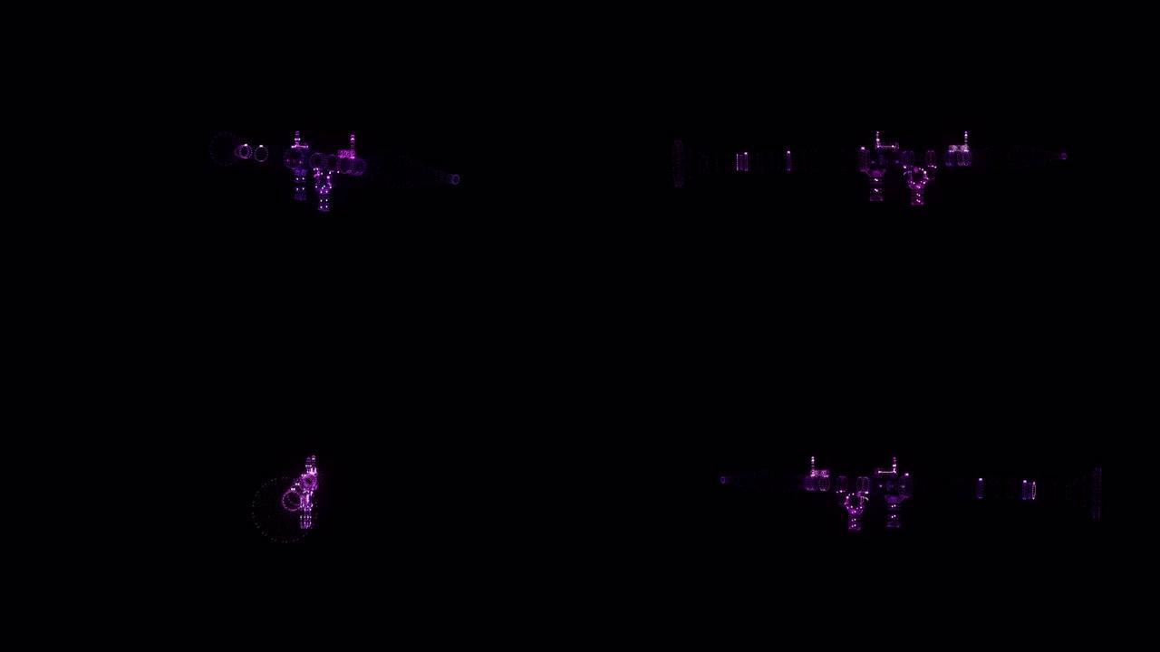 火箭筒RGB全息图线框。黑色背景上的漂亮3D动画，未来项目的无缝循环