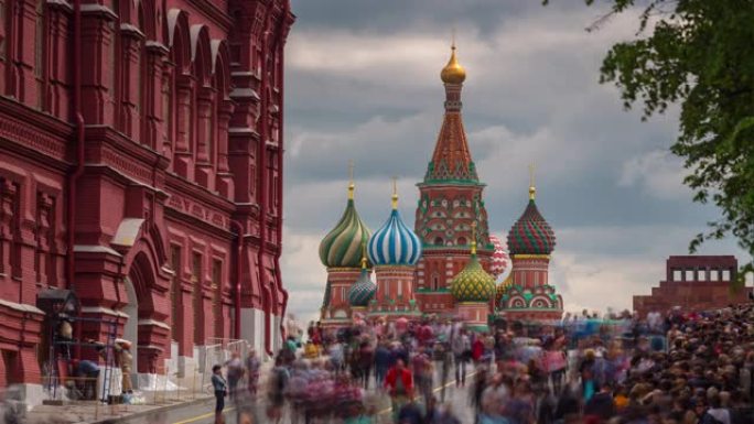 夏日莫斯科市红场大教堂拥挤全景4k延时俄罗斯