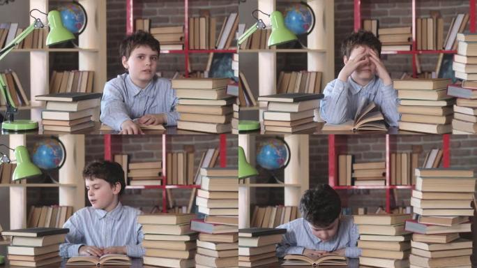 看书。小学生从乏力睡在桌子上。学生摩擦眼睛。