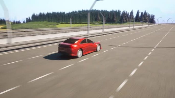 现代红色汽车骑在桥上