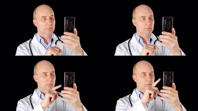 男性医生在黑色背景上触摸未来智能手机上的透明屏幕。穿着白大褂的医务人员使用高科技手机。