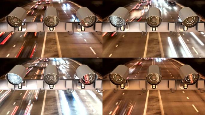 安全摄像头安装在高速公路上方，用于交通监控，延时