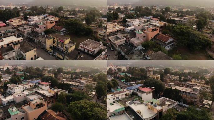 空中射击/无人机射击被山丘包围的印度城市
