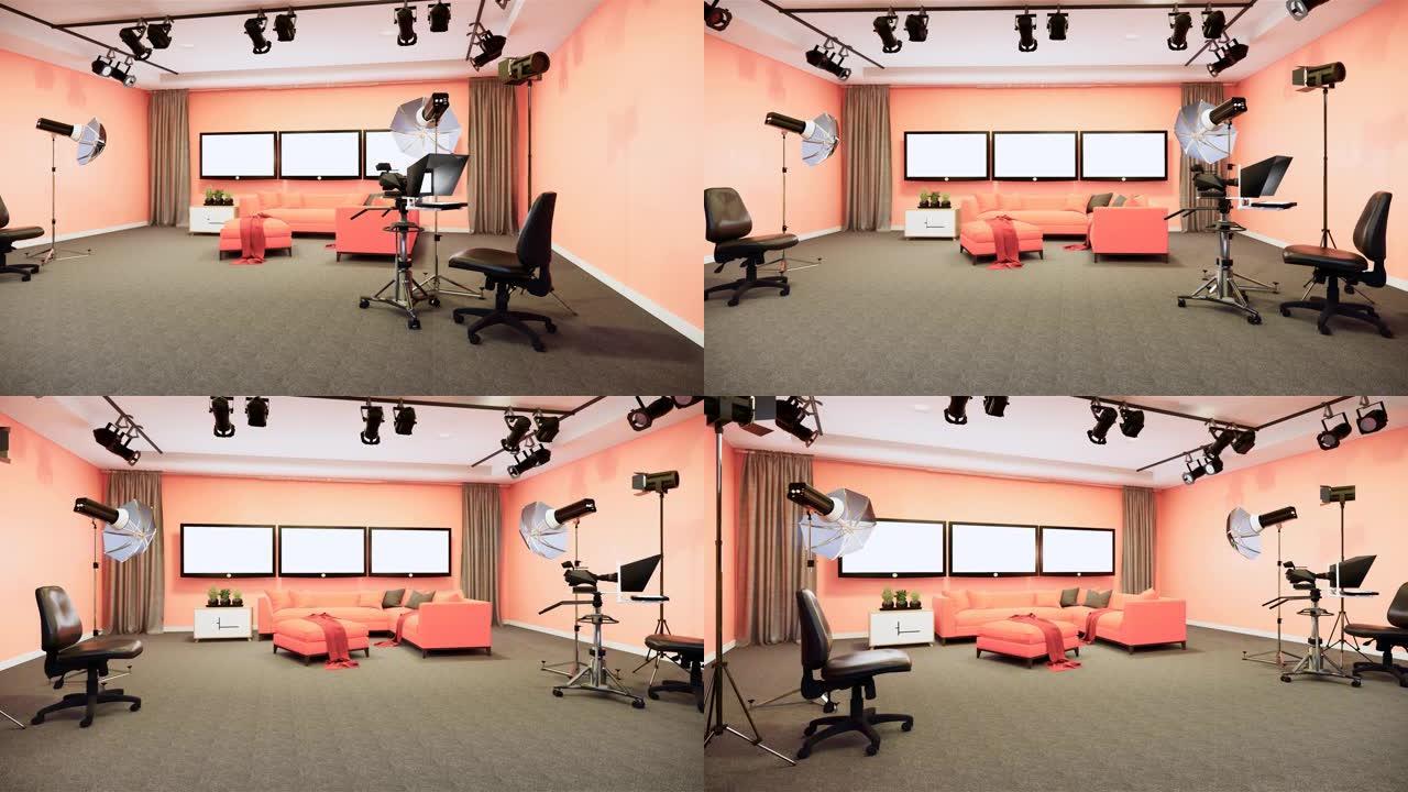 电视节目的新闻工作室白色房间设计背景。3d渲染