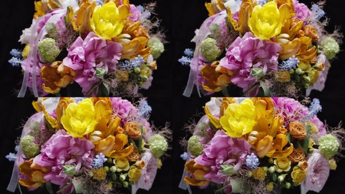 Macro dolly在花瓶中拍摄花束夏季爱情主题工作室在背面背景中拍摄