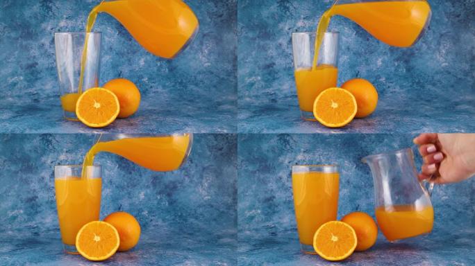 将鲜榨橙汁倒入玻璃杯中