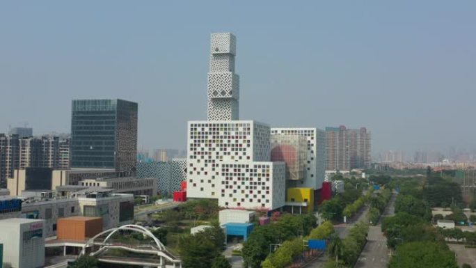 阳光灿烂的一天佛山市现代艺术中心交通街空中全景4k中国