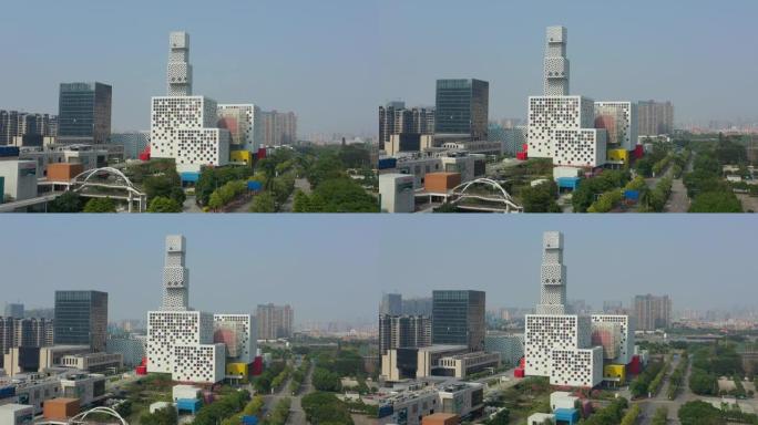 阳光灿烂的一天佛山市现代艺术中心交通街空中全景4k中国