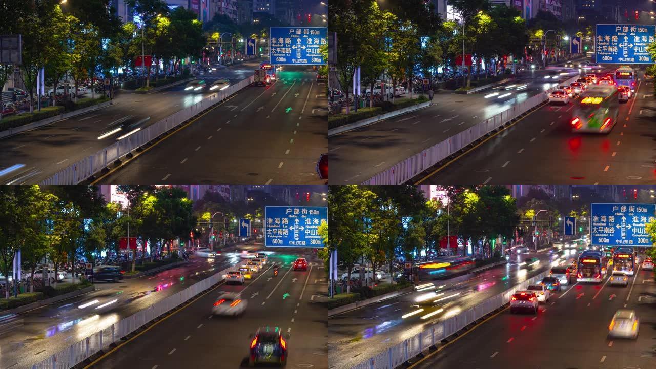 南京市中心夜间照明交通街步行桥延时全景4k中国