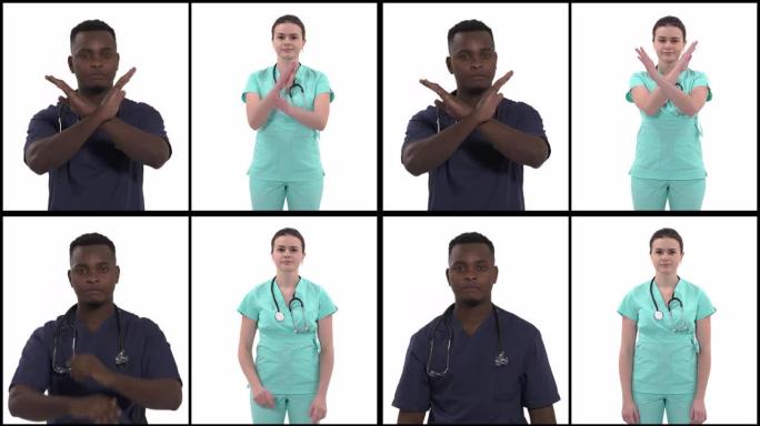 多种族医生的垂直拼贴画，通过交叉双手展示不赞成的手势。医学概念，预防