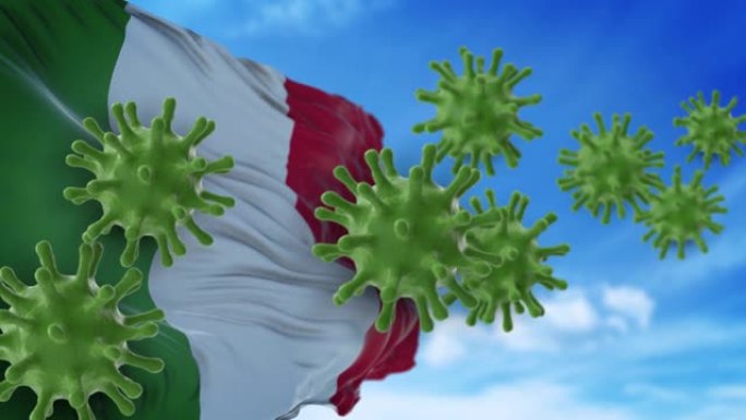 冠状病毒新型冠状病毒肺炎以4k分辨率飞向天空或从意大利国旗上清洗