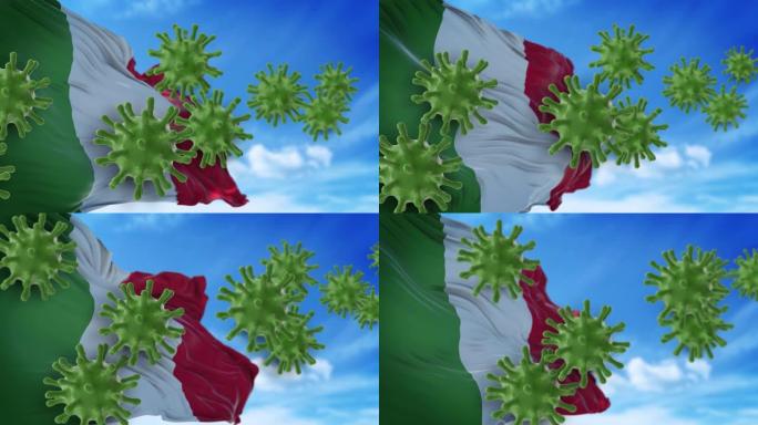 冠状病毒新型冠状病毒肺炎以4k分辨率飞向天空或从意大利国旗上清洗