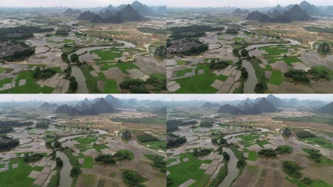 中国桂林喀斯特山区稻田的航拍视频