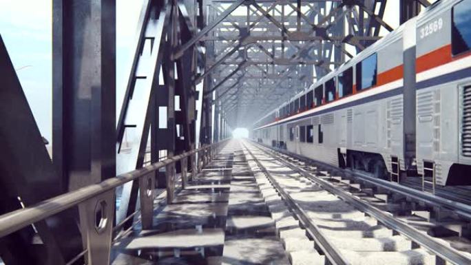 在一个阴天的夏日早晨，当旅客列车经过时，人们穿过一座铁路桥。