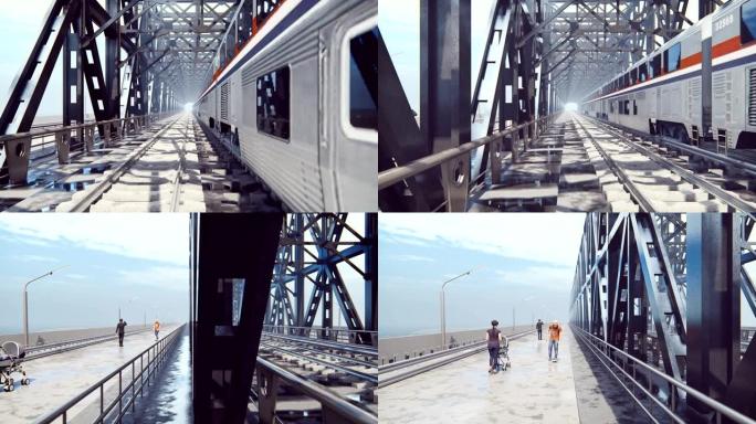在一个阴天的夏日早晨，当旅客列车经过时，人们穿过一座铁路桥。