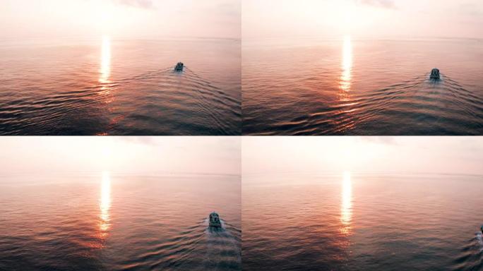 日落时间海上鱼船的鸟瞰图