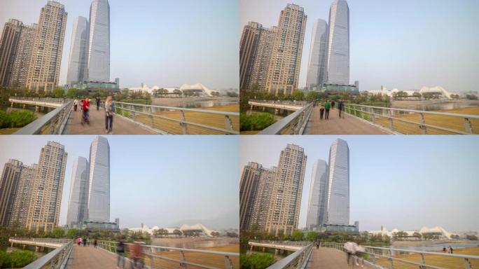 长沙市现代剧院综合体滨河拥挤公园桥全景延时4k中国