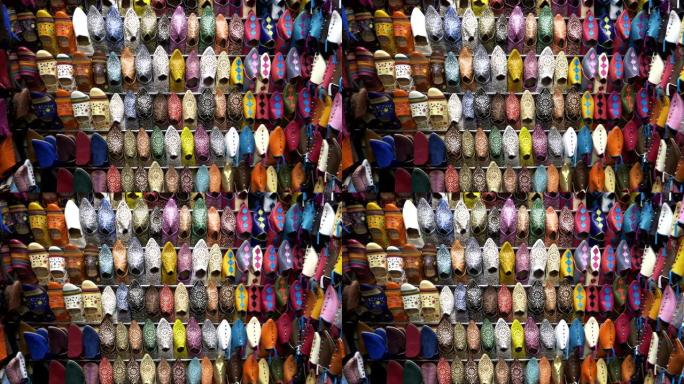 马拉喀什主要市场的鞋子零售展示
